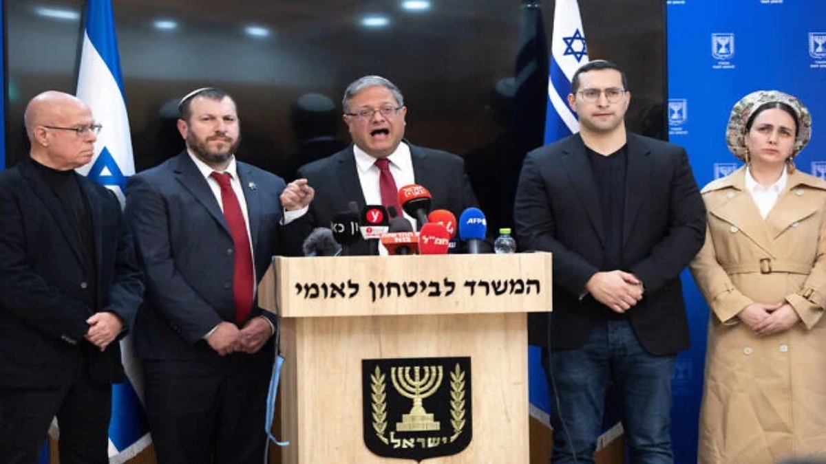 Ben Gvir holds a press conference together with members of his far-right Otzma Yehudit party in Jerusalem. January 16, 2025. AFP Ben Gvir holds a press conference together with members of his far-right Otzma Yehudit party in Jerusalem. January 16, 2025. AFP