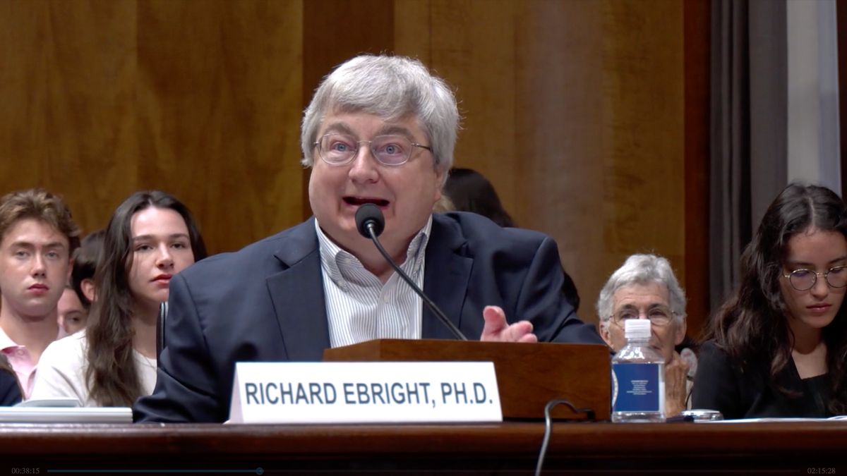 Richard Ebright, a molecular biologist at Rutgers University, is seen giving testimony in this photo at a hearing of US Senate Committee on Homeland Security & Governmental Affairs on Covid-19 origin. (Photo: Screengrab from Senate Homeland Committee's video) Richard Ebright, a molecular biologist at Rutgers University, is seen giving testimony in this photo at a hearing of US Senate Committee on Homeland Security & Governmental Affairs on Covid-19 origin. (Photo: Screengrab from Senate Homeland Committee's video)