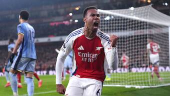 Arsenal's Gabriel Magalhaes celebrates Dominic Solanke's own-goal during the North London Derby against Tottenham Hotspur at the Emirates Stadium in London. AP