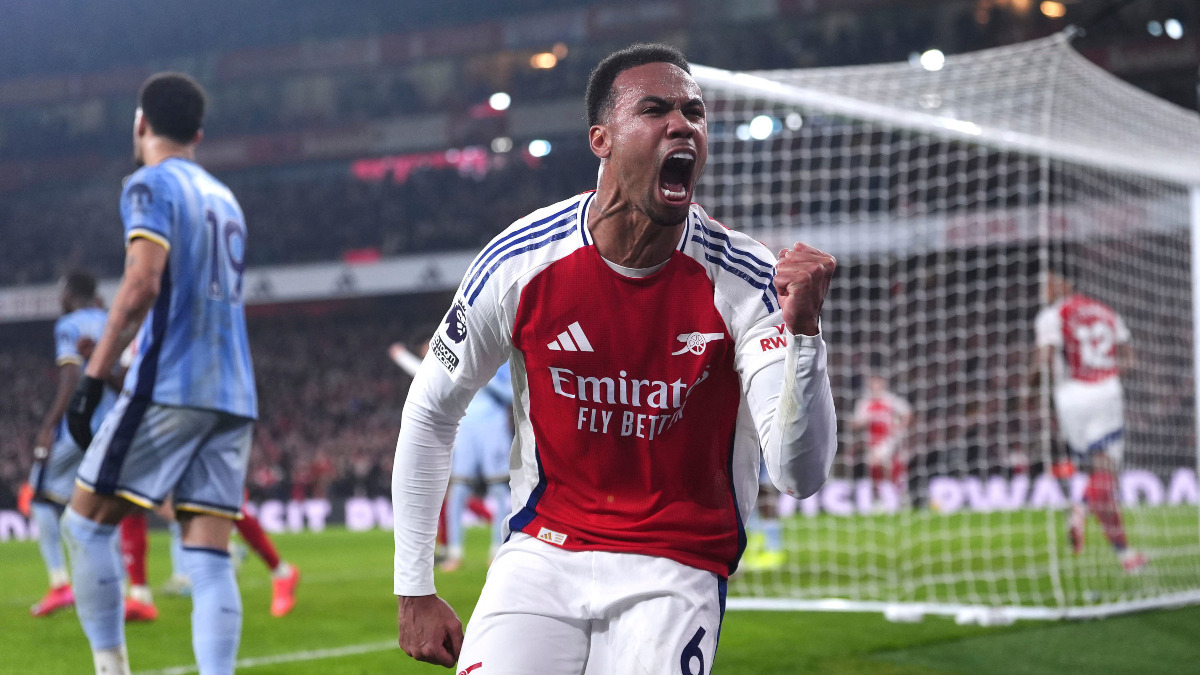 Arsenal's Gabriel Magalhaes celebrates Dominic Solanke's own-goal during the North London Derby against Tottenham Hotspur at the Emirates Stadium in London. AP Arsenal's Gabriel Magalhaes celebrates Dominic Solanke's own-goal during the North London Derby against Tottenham Hotspur at the Emirates Stadium in London. AP