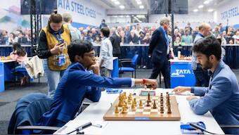 R Praggnanandhaa and D Gukesh played out a draw in roun eight of the Tata Steel Chess tournament. Image: X / @tatasteelchess 