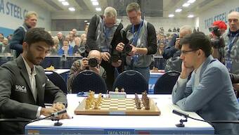 D Gukesh began his Tata Steel Chess capaign with a victory over Anish Giri on Saturday. Image: X / @chess24com 