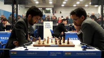 D Gukesh defeated Pentala Harikrishna to take a joint-lead at the 2025 Tata Steel Chess tournament. Image: YouTube screengrab / ChessBase India 