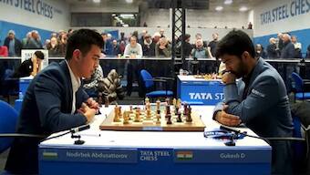 D Gukesh played out a draw against Nordibek Abdusattorov in round six of Tata Steel Chess. Image: YouTube screengrab / ChessBase India 