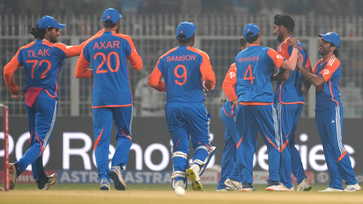 Indian players celebrate Arshdeep Singh's dismissal of England opener Phil Salt in the first T20I in Kolkata on Wednesday, 22 January. AP Indian players celebrate Arshdeep Singh's dismissal of England opener Phil Salt in the first T20I in Kolkata on Wednesday, 22 January. AP