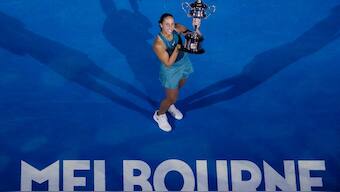 USA’s Madison Keys holds the Daphne Akhurst Memorial Cup aloft after defeating Belarus’ Aryna Sabalenka in the final of the 2025 Australian Open women’s singles competition. AP