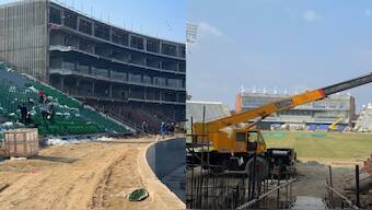 Pakistan is facing a race against time to get their cricket stadiums ready for Champions Trophy 2025. Images: Huzaiba and Ahmad Hasseb on X