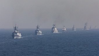 (File) Naval ships of the participating countries sail during the sea phase of the Pakistan Navy's Multinational Exercise AMAN-23, in the North Arabian Sea near Karachi, Pakistan, February 13, 2023. Reuters