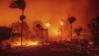 The Palisades Fire ravages a neighborhood amid high winds in the Pacific Palisades neighborhood of Los Angeles. AP