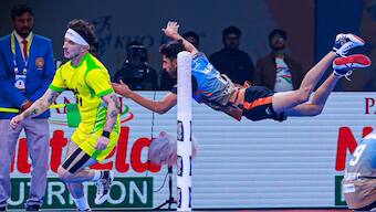 India men's captain Pratik Waikar in action against Brazil during the inaugural Kho Kho World Cup in New Delhi. Image credit: X/@Kkwcindia