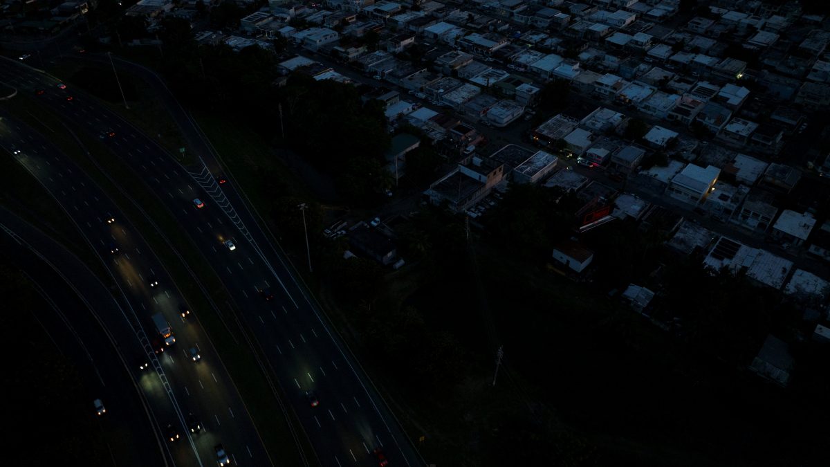 A drone view shows cars driving on a highway as Puerto Ricans were without electricity early on New Year's Eve after a grid failure left nearly all of the island without power, in San Juan, Puerto Rico. Reuters A drone view shows cars driving on a highway as Puerto Ricans were without electricity early on New Year's Eve after a grid failure left nearly all of the island without power, in San Juan, Puerto Rico. Reuters