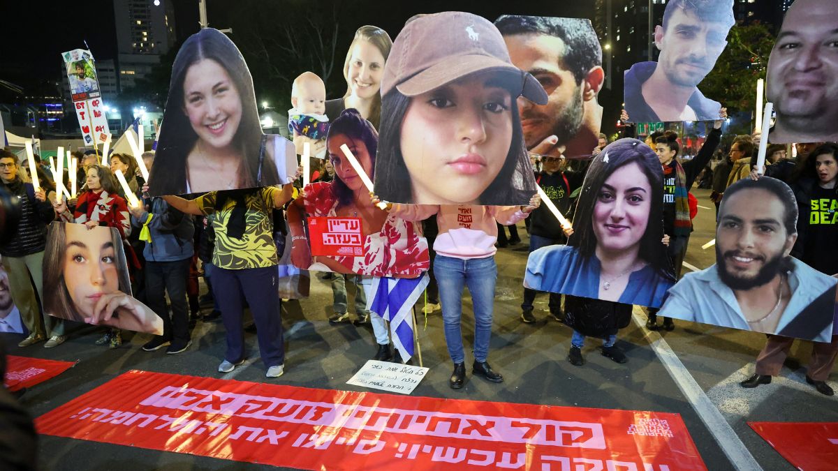 Protesters hold cutout portraits of hostages held captive in Gaza by Palestinian militants since the October 7 attacks, during a demonstration calling for action to secure their release, outside the Defence Ministry headquarters in Tel Aviv on January 4, 2025 amid the ongoing war in the Palestinian territory between Israel and Hamas. Image- AFP Protesters hold cutout portraits of hostages held captive in Gaza by Palestinian militants since the October 7 attacks, during a demonstration calling for action to secure their release, outside the Defence Ministry headquarters in Tel Aviv on January 4, 2025 amid the ongoing war in the Palestinian territory between Israel and Hamas. Image- AFP