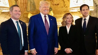 This handout picture released by the Palazzo Chigi press office on January 5, 2025 shows Italy's Prime Minister Giorgia Meloni (2ndR) and US President-elect Donald Trump (2ndL) posing with Senator Marco Rubio (R) and US incoming national security advisor Mike Waltz (L) at Trump's Mar-A-Lago Club on January 4, 2025 in Palm Beach, Florida. Image- AFP