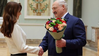 In this photo released by Belarus' Presidential Press Service, Belarusian President Alexander Lukashenko, right, takes part in an industry award ceremony in Minsk, Belarus, on Thursday, Jan. 23, 2025. Image- AP