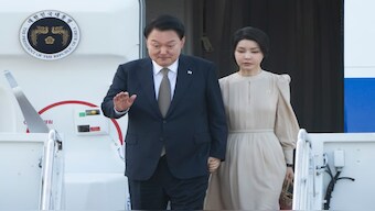 South Korean President Yoon Suk-yeol and first lady Kim Keon-hee arriving at Andrews Air Force Base in Maryland on July 10, 2024, to attend the NATO summit in Washington. File Image: AP