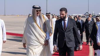 Syria's newly appointed president for a transitional phase Ahmed al-Sharaa receives Emir of Qatar Sheikh Tamim bin Hamad Al Thani in Damascus, Syria, on Thursday. Reuters 