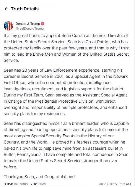 Trump picks Sam Curran to lead Secret Service