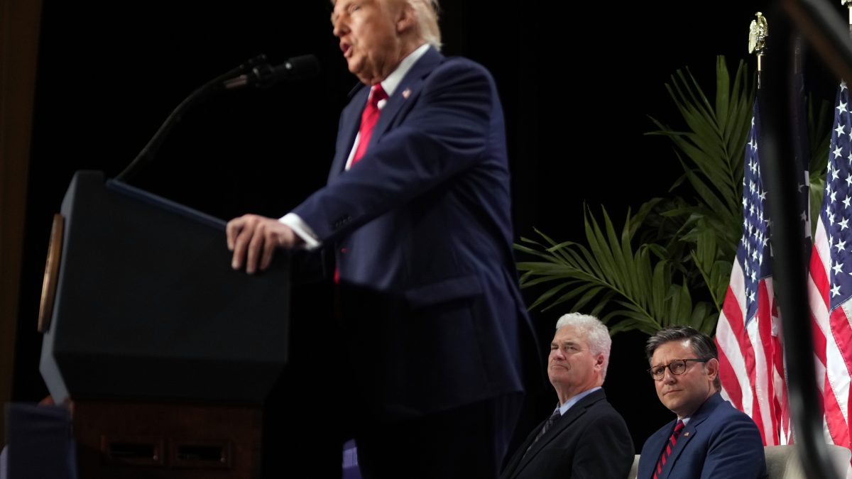 Rep. Tom Emmer, R-Minn., and House Speaker Mike Johnson of La., listen as President Donald Trump speaks at the 2025 House Republican Members Conference dinner at Trump National Doral Miami in Doral, Fla. AP Rep. Tom Emmer, R-Minn., and House Speaker Mike Johnson of La., listen as President Donald Trump speaks at the 2025 House Republican Members Conference dinner at Trump National Doral Miami in Doral, Fla. AP