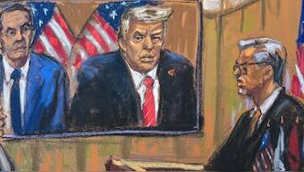 New York State Judge Juan Merchan sentences US President-elect Donald Trump as he appears remotely alongside his lawyer Todd Blanche for a sentencing hearing in the criminal case in which he was convicted in 2024 on charges involving hush money paid to a porn star, listens at New York Criminal Court in Manhattan in New York City, US, January 10, 2025 in this courtroom sketch. File Image/Reuters