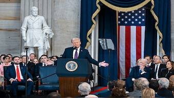 President Donald Trump speaks after taking the oath of office during the 60th Presidential Inauguration in the Rotunda of the US Capitol in Washington, on Monday. AP