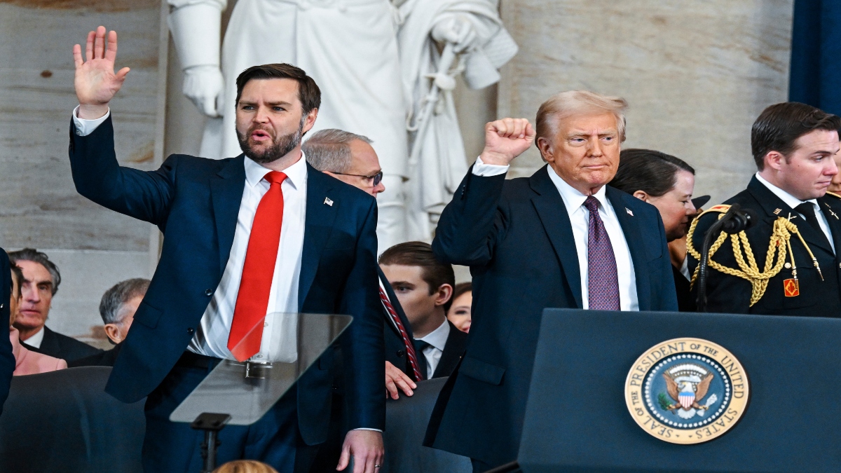 President Donald Trump, right, and Vice President JD Vance gesture to attendees during the 60th Presidential Inauguration in the Rotunda of the US Capitol in Washington, on Monday. AP President Donald Trump, right, and Vice President JD Vance gesture to attendees during the 60th Presidential Inauguration in the Rotunda of the US Capitol in Washington, on Monday. AP