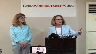 Anne Barrett Doyle, right, Co-Director and Suzy Nauman, database manager of BishopAccountability.org, a United States-based watchdog, speaks at a news conference in Manila on January 29, 2025 where they launched an online database on more than 80 Roman Catholic priests who have been accused of sexually abusing minors in the Philippines. AP 