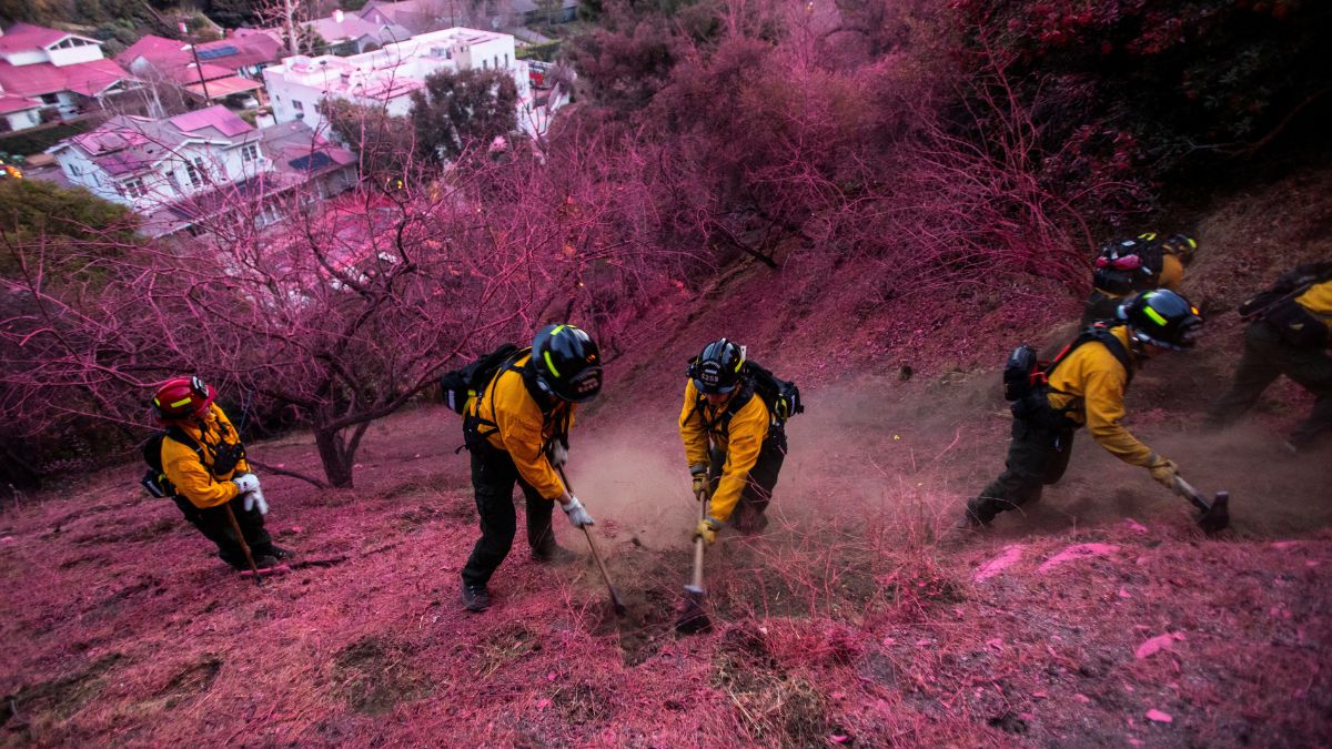 Firefighters work to clear a firebreak as the Palisades Fire burns in Mandeville Canyon, California, US. Reuters
Firefighters work to clear a firebreak as the Palisades Fire burns in Mandeville Canyon, California, US. Reuters