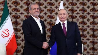 Russian President Vladimir Putin meets Iranian counterpart Masoud Pezeshkian in Ashgabat, Turkmenistan. File image/Reuters