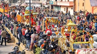 'Mahants' and 'sadhus' of 'Shri Panch Digambar Ani Akhara', 'Shri Panch Nirmohi Ani Akhara', and 'Shri Panch Nirvani Ani Akhara' take part in the 'Chavni Pravesh', the royal entry procession for Maha Kumbh Mela 2025, towards Sangam in Prayagraj, Uttar Pradesh, January 8, 2025. PTI