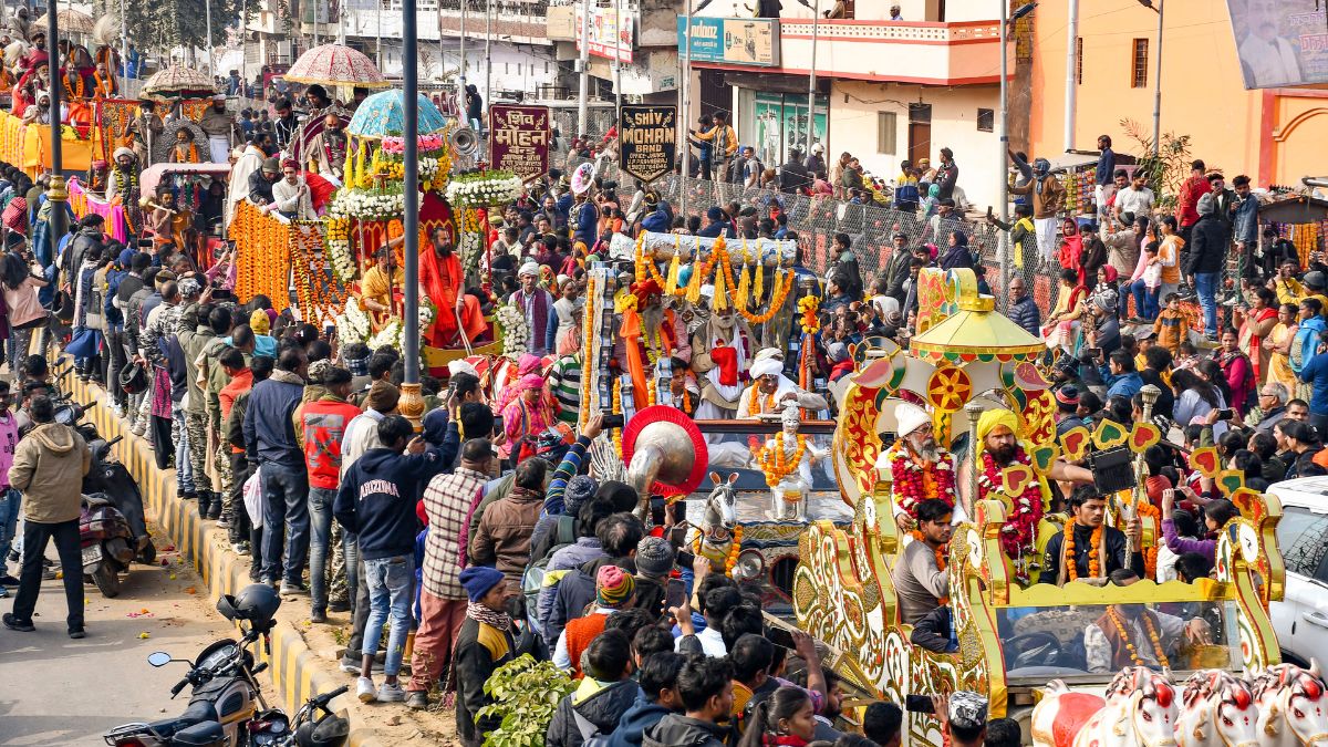 'Mahants' and 'sadhus' of 'Shri Panch Digambar Ani Akhara', 'Shri Panch Nirmohi Ani Akhara', and 'Shri Panch Nirvani Ani Akhara' take part in the 'Chavni Pravesh', the royal entry procession for Maha Kumbh Mela 2025, towards Sangam in Prayagraj, Uttar Pradesh, January 8, 2025. PTI 'Mahants' and 'sadhus' of 'Shri Panch Digambar Ani Akhara', 'Shri Panch Nirmohi Ani Akhara', and 'Shri Panch Nirvani Ani Akhara' take part in the 'Chavni Pravesh', the royal entry procession for Maha Kumbh Mela 2025, towards Sangam in Prayagraj, Uttar Pradesh, January 8, 2025. PTI
