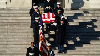 The remains of former US President Jimmy Carter leave the US Capitol for the State Funeral Service at the Washington National Cathedral in Washington, DC, on January 9, 2025. AFP