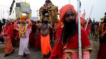 Sadhus or Hindu holy men from Niranjani Akhara take part in a religious procession during 'Peshwai' or the arrival of the members of an akhara or sect of sadhus for the upcoming 'Maha Kumbh Mela' in Prayagraj, January 4, 2025. Reuters