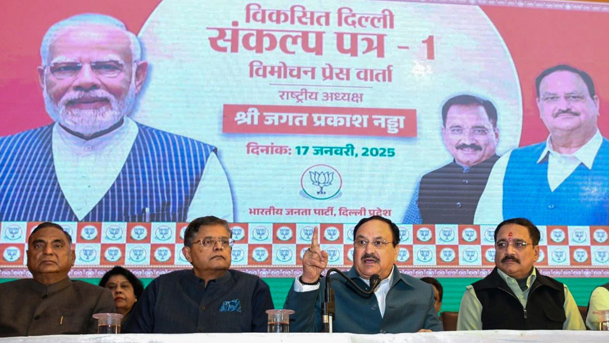 BJP President JP Nadda reveals party's Delhi manifesto. PTI BJP President JP Nadda reveals party's Delhi manifesto. PTI