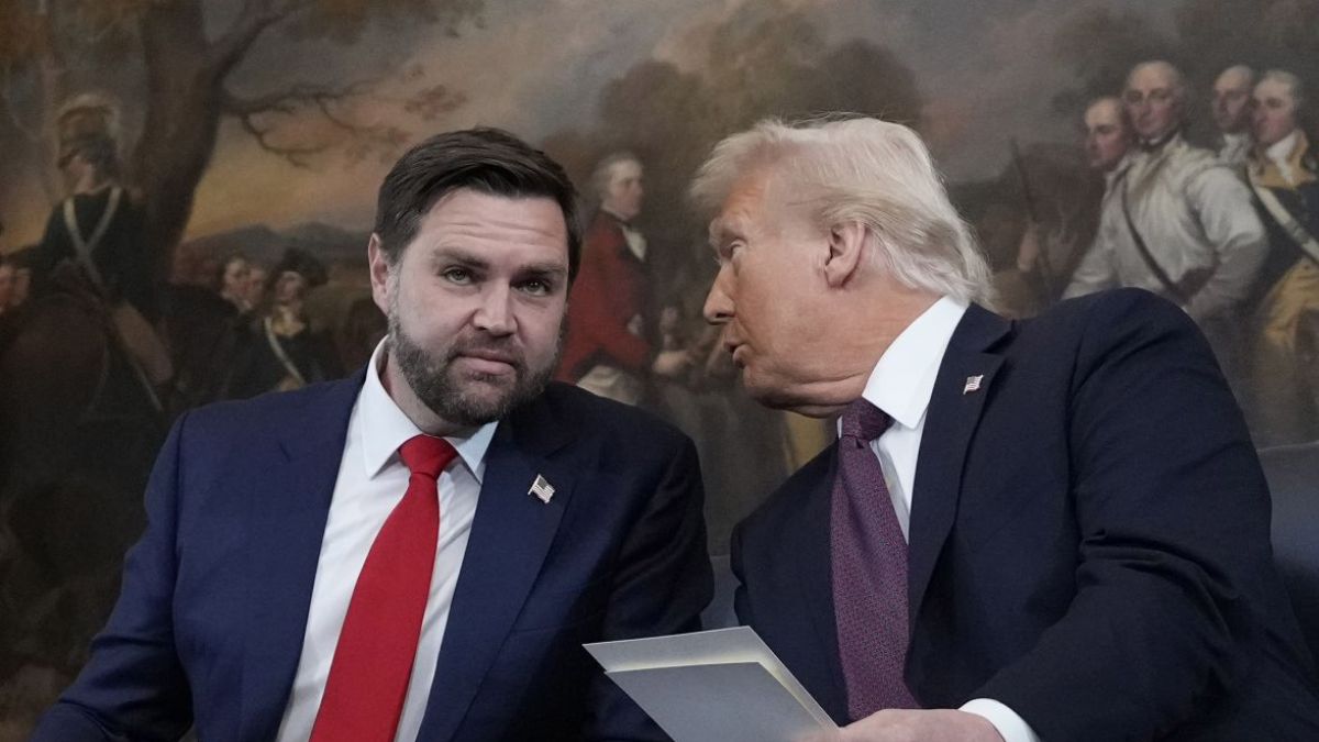 Donald Trump speaks with JD Vance before taking their oaths of office during the Inauguration ceremonies in the Rotunda of the US Capitol in Washington on January 20. AP Donald Trump speaks with JD Vance before taking their oaths of office during the Inauguration ceremonies in the Rotunda of the US Capitol in Washington on January 20. AP