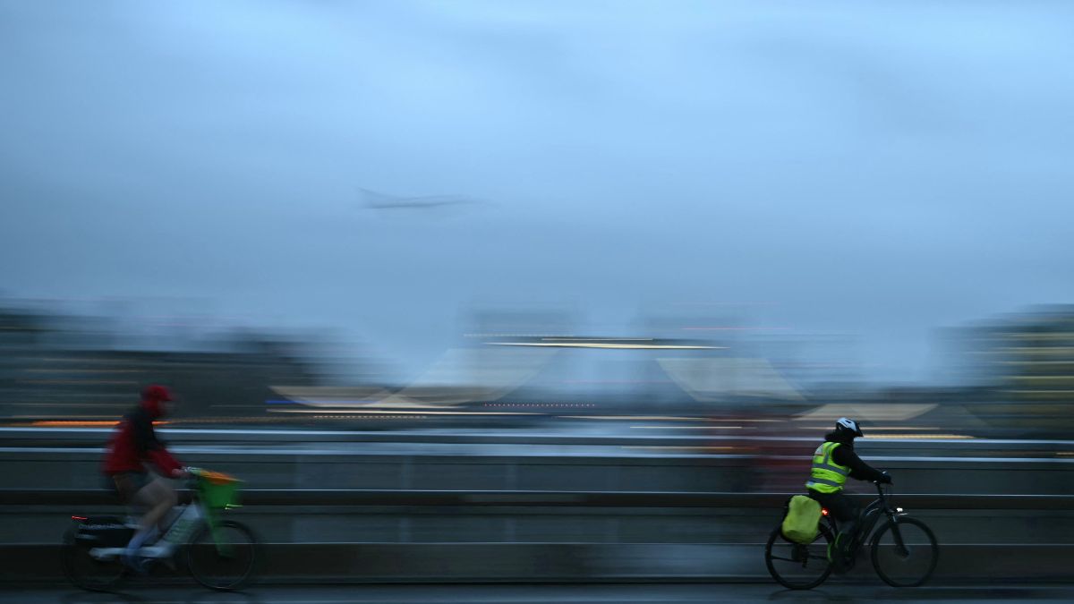 Cyclists cross London Bridge, early in the morning of January 24, 2025, as the capital avoids the worst of Storm Eowyn, which is bringing winds of 100 mph to other parts of the UK and Ireland. AFP Cyclists cross London Bridge, early in the morning of January 24, 2025, as the capital avoids the worst of Storm Eowyn, which is bringing winds of 100 mph to other parts of the UK and Ireland. AFP