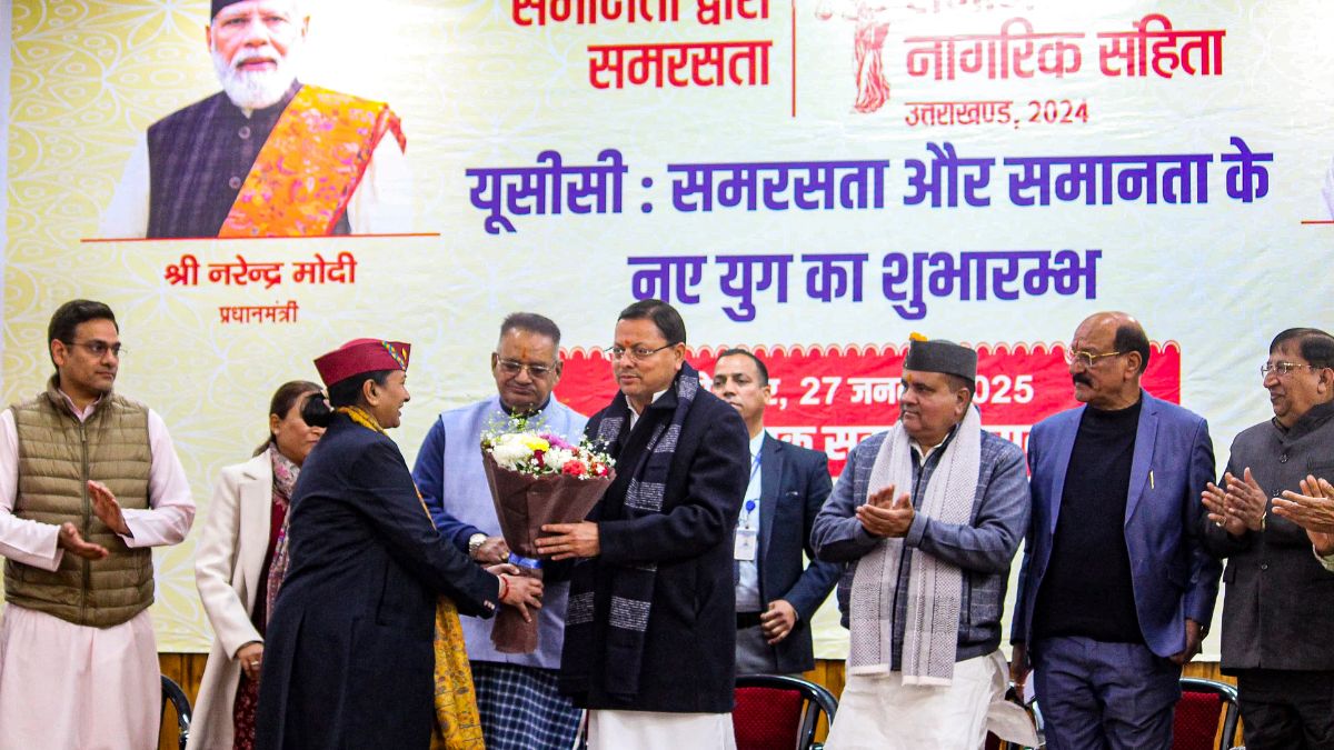 Uttarakhand Chief Minister Pushkar Singh Dhami during an event for implementation of the Uniform Civil Code (UCC), in Dehradun, January 27, 2025. PTI Uttarakhand Chief Minister Pushkar Singh Dhami during an event for implementation of the Uniform Civil Code (UCC), in Dehradun, January 27, 2025. PTI