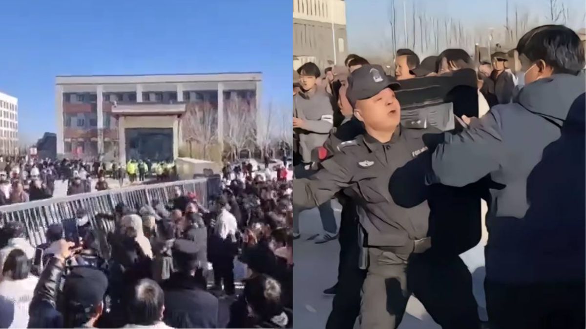 Thousands of angry residents gathered outside the school and clashed with police. Image courtesy: X/@whyyoutouzhele
 Thousands of angry residents gathered outside the school and clashed with police. Image courtesy: X/@whyyoutouzhele