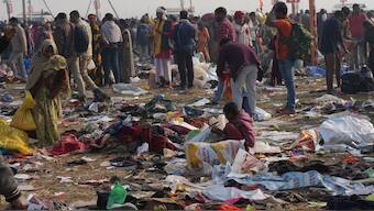 Belongings of devotees are seen lying at the Sangam following a stampede in Prayagraj. PTI
