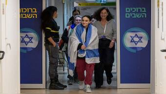 Released British-Israeli hostage Emily Damari along with Romi Gonen and Doron Steinbrecher arrive at Sheba Medical Centre in Ramat Gan, Israel, after being held in Gaza since the deadly October 7 2023 attack by Hamas. Reuters