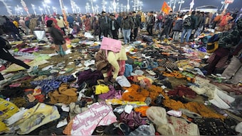 Bags and other belongings lying at the scene after a stampede occurred at Sangam on 'Mauni Amavasya' during the ongoing 'Maha Kumbh Mela' festival, in Prayagraj. Several casualties have allegedly been reported in the stampede. PTI