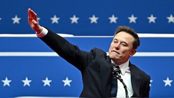 Tesla and SpaceX CEO Elon Musk gestures as he speaks during the inaugural parade inside Capitol One Arena, in Washington, DC, on January 20. The billionaire has been receiving flak for the gesture that many have compared with the Nazi salute.