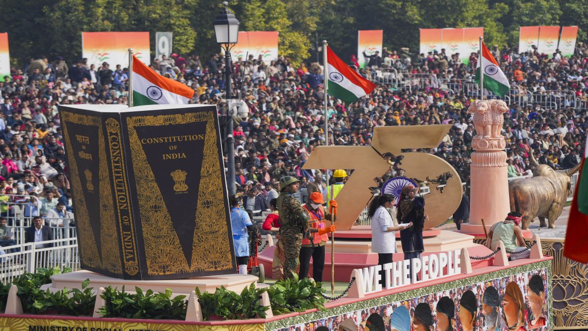 A tableau celebrating 75 years of Constitution of India on display during the full dress rehearsal for the Republic Day Parade 2025 at the Kartavya Path, in New Delhi. PTI A tableau celebrating 75 years of Constitution of India on display during the full dress rehearsal for the Republic Day Parade 2025 at the Kartavya Path, in New Delhi. PTI