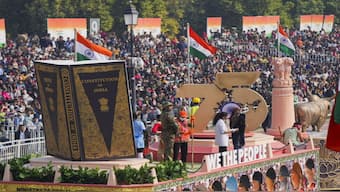A tableau celebrating 75 years of Constitution of India on display during the full dress rehearsal for the Republic Day Parade 2025 at the Kartavya Path, in New Delhi. PTI