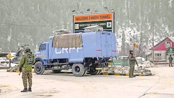 Security personnel near the Z-Morh tunnel on Saturday, ahead of Prime Minister Narendra Modi’s scheduled visit to Jammu and Kashmir’s Ganderbal district on January 13. PTI