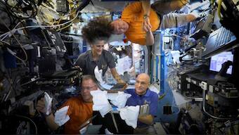 Nasa astronauts Sunita Williams, Nick Hague, Barry Wilmore, and Donald Pettit unbox Thanksgiving meals, from the International Space Station (ISS), in this screen grab taken from a handout video, released on November 26, 2024. Reuters