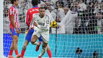 Kylian Mbappe celebrates scoring for Real Madrid against Atletico in the Spanish La Liga on Saturday. AP 