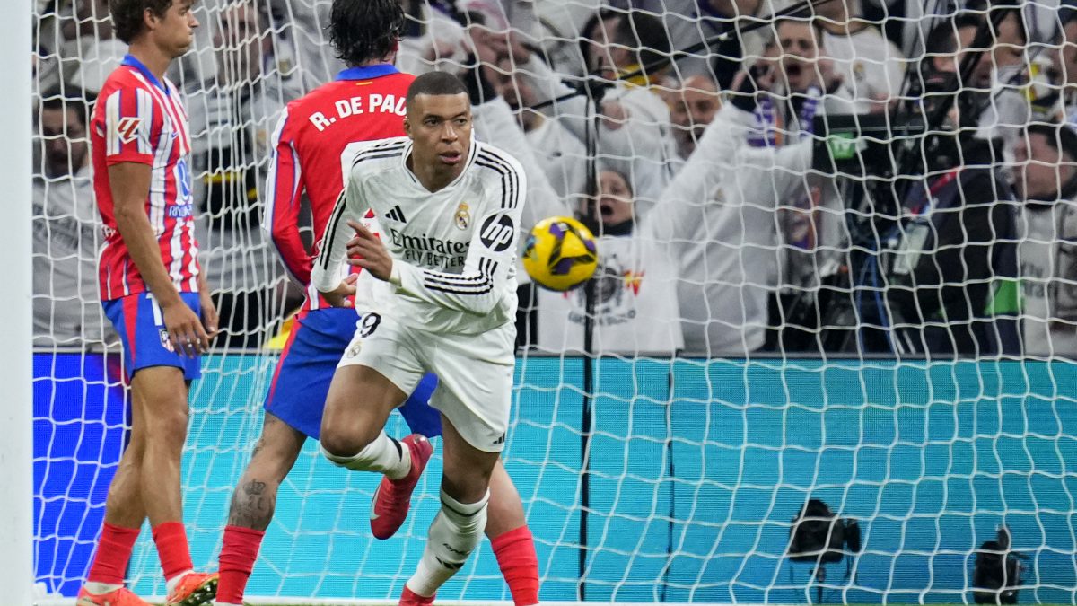 Kylian Mbappe celebrates scoring for Real Madrid against Atletico in the Spanish La Liga on Saturday. AP Kylian Mbappe celebrates scoring for Real Madrid against Atletico in the Spanish La Liga on Saturday. AP