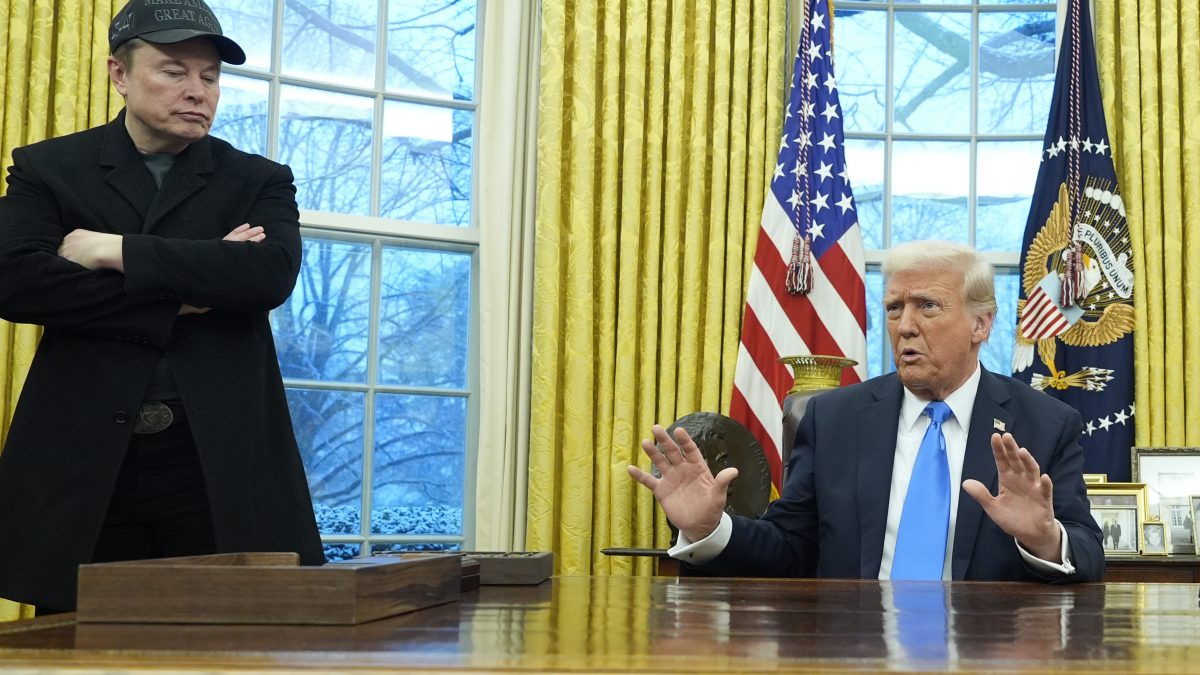 President Donald Trump speaks with reporters as Elon Musk listens in the Oval Office at the White House, in Washington. AP President Donald Trump speaks with reporters as Elon Musk listens in the Oval Office at the White House, in Washington. AP