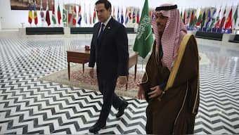 U.S. Secretary of State Marco Rubio, left, meets with Saudi Foreign Minister Prince Faisal bin Farhan Al Saud in Riyadh, Saudi Arabia, Monday Feb. 17, 2025. (Evelyn Hockstein/Pool Photo via AP)