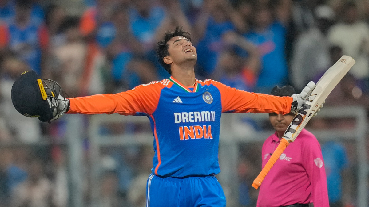 India opener Abhishek Sharma celebrates after completing his century in 37 balls during the fifth T20 against England. Image: AP India opener Abhishek Sharma celebrates after completing his century in 37 balls during the fifth T20 against England. Image: AP